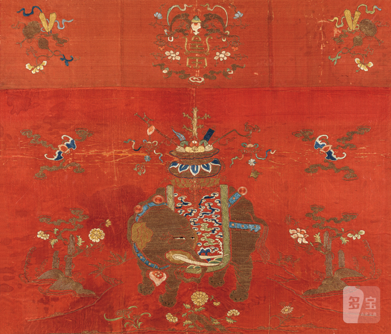 清乾隆红地盘金绣太平有象桌围 - 图1